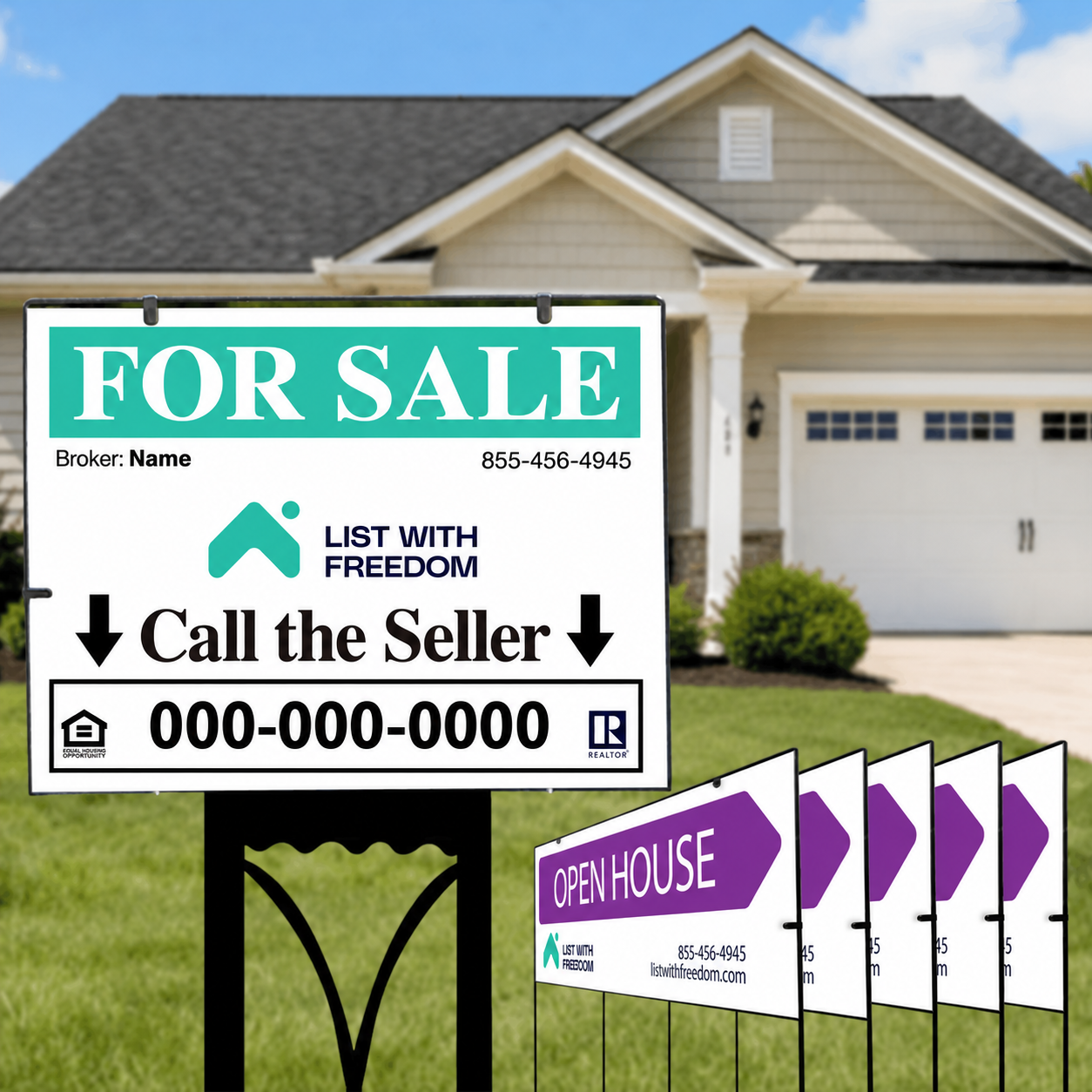 ListWithFreedom FOR SALE Yard Sign + 5 OPEN HOUSE Signs